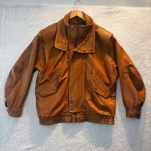 Vintage Club Bonjour Brown Leather Bomber Jacket XL 1970s-80s Raglan
